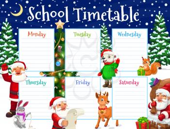 School timetable or week schedule with vector background of Christmas cartoon characters. Student time table, weekly study plan, lesson planner, classes chart template with Xmas tree, Santa, reindeer