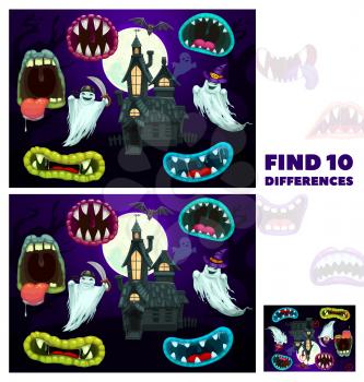 Kids find differences game with Halloween cartoon monsters maws. Children playing activity, exercise or riddle worksheet with compare and finding details task. Creepy creatures mouth, old house ghosts