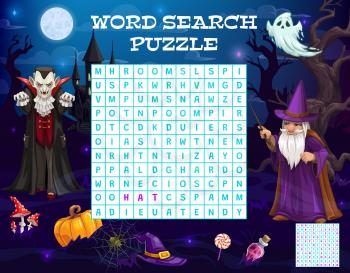 Halloween word puzzle game worksheet or quiz riddle with vampire and witch ghosts. Halloween sweets and pumpkin on kids word search puzzle, haunted castle and wizard sorcerer, spiderweb and bats