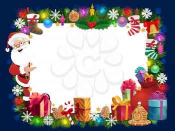 Christmas tree, Xmas and New Year gifts vector frame of winter holidays. Santa with presents, snowflakes and bells, red bag, ribbons and bows, candy, sock and gingerbread, candle, balls and lights