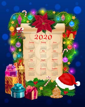 New Year calendar on paper scroll vector template with Christmas tree, Xmas gifts and bell. Pine and holly garland with present boxes, Santa hat and candies, star, balls and lights, ribbons and sock