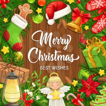 Merry Christmas, greetings and best wishes for winter holidays, vector poster. Xmas tree decorations and ornaments, Christmas gifts and angel, candle lantern and holly wreath, Santa hat and mistletoe