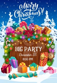 Christmas and New Year winter holiday party vector flyer. Xmas tree garland with gift and present boxes, snow, balls and ribbon bows, snowflakes, star ornaments and candy canes, clock and poinsettia
