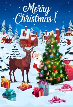 Merry Christmas winter holidays vector poster, Santa and reindeer with gifts bag. Christmas tree lights with decorations and candy canes, city houses in snow