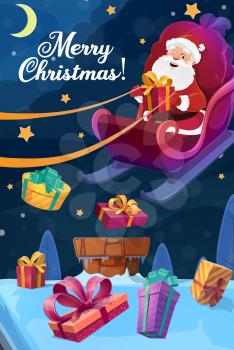 Merry Christmas greeting on vector poster. Santa with gift boxes bag, flying on sleigh form sky to fireplace chimney, Xmas night sky with golden stars and snow on house roof