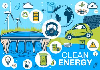Alternative green energy and planet earth environment conservation, vector poster. Nature green energy and renewable resources, power plant and solar panel, electric car and carbon emission reduction