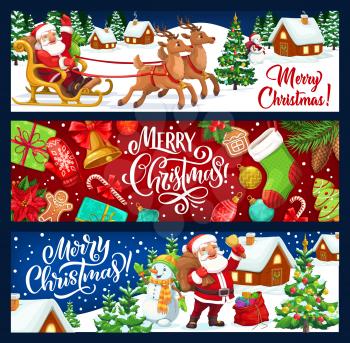 Merry Christmas and New Year winter holiday vector banners. Santa, snowman and reindeer sledge, Xmas tree, gifts and presents, bell, ribbon bows and gingerbread, sock, candy and ball, snowflake, glove