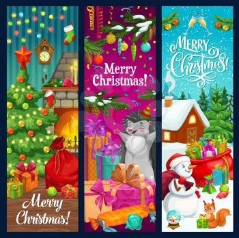 Christmas greeting banners with Xmas tree, snowman and Winter Holiday gifts. Santa bag, Christmas fireplace and present boxes, snow, star and sock, ribbon bows, balls and lights, snowflakes and clock