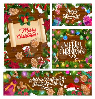 Merry Christmas greeting on paper scroll, calligraphy New Year wish with Xmas tree decorations. Vector gift sock, ornaments and snowflakes confetti with gingerbread cookies and holly poinsettia