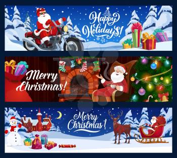 Merry Christmas and Happy Winter Holidays, vector banners. Santa on motorcycle and reindeer sleigh with gift boxes in night forest, Xmas tree lights, snowflakes and present socks on fireplace