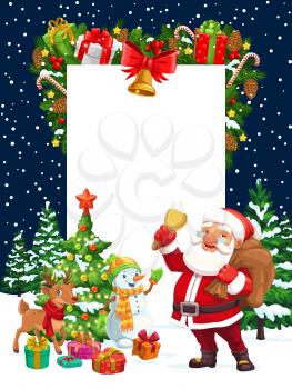 Christmas holiday blank greeting vector poster, Santa with golden bell, snowman and reindeer. Xmas tree lights, decoration ornaments and gifts, candy canes and falling snow in nigh sky