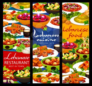 Lebanese cuisine food vector banners with Arab vegetable, meat and dessert dishes. Hummus, dumpling soups and lamb kofta meatballs, fattoush salad, cake, stuffed zucchini and halloumi cheese
