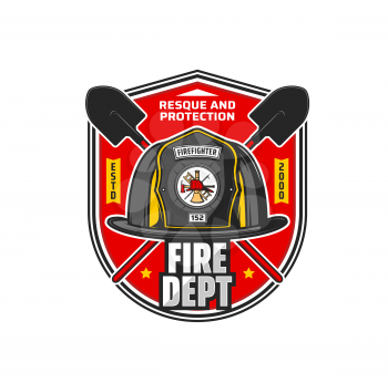 Firefighting department icon. Fire dept, firefighting brigade vector vintage badge or retro symbol with crossed shovels, firefighter helmet with axe, ladder and pike pole on emblem