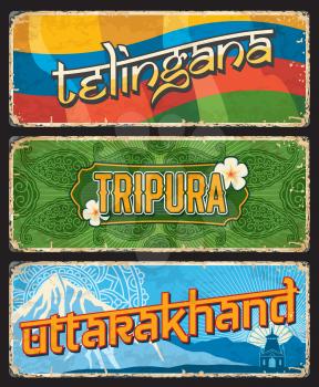 Telingana, Tripura and Uttarakhand Indian states vintage plates or banners with flag, ornament and mountain peak. Vector aged signs, travel destination landmarks of India. Retro grunge worn plaques