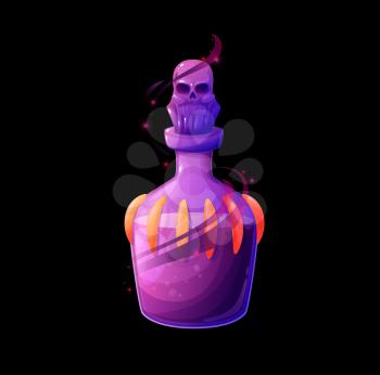 Potion bottle with death elixir, vector magic glass flask with purple liquid, shining haze or sparks and skull bung. Cartoon design element for magic game. Witch poison, isolated alchemy ui object