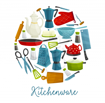 Home kitchenware, kitchen utensils, cooking tools and cutlery, vector restaurant and household accessories. Frying pan, coffee pot, corkscrew and chef knife, teapot, grater, spatula and kettle