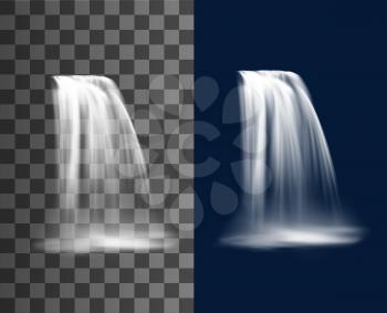 Waterfall cascade, realistic water fall stream, vector pure falling jet with fog. Fountain cascading natural design elements. 3d falling waterfall, streaming isolated on transparent or blue background