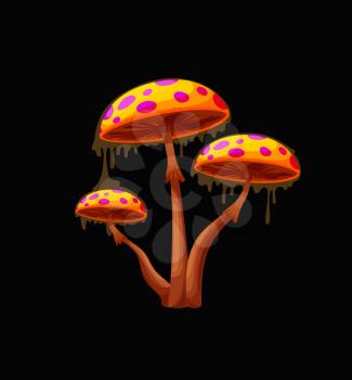 Fantasy fairy magic mushroom with orange caps. Fantastic fungus, alien planet vibrant colors mushroom with luminous, fluorescent violet dots, cartoon vector fairy poisonous toadstool covered slime