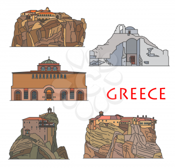 Greece architecture temples and churches, antique Greek buildings, vector. Greece travel landmarks Great Meteoron Monastery, Panagia Paraportiani in Mykonos and Nicholas Anapausas church in Kalambaka