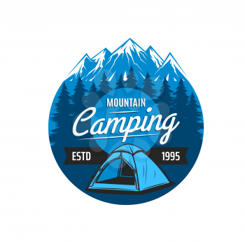 Mountain camping icon, vector emblem for expedition, hiking and rock climbing club. Tent on snowy peaks background with steep rocky hills. Round label for outdoor adventure extreme sport and travel