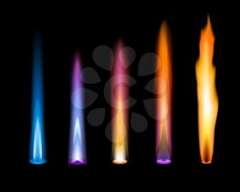Color flames. Gas and zinc, potassium, strontium and sodium chemical elements ions emission in chemistry laboratory analysis flame test. Blue, violet and orange color flames in Bunsen burner