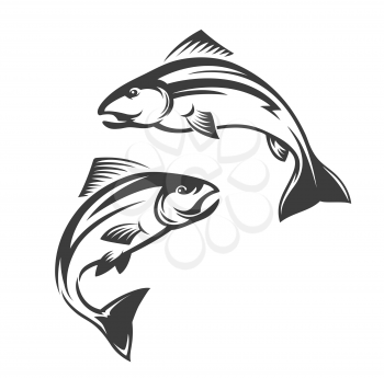 Salmon fish vector icon of leaping coho, chinook, Atlantic and pink salmon. Isolated sea and ocean seafood animals monochrome symbol of seafood restaurant, fishing sport or fish market design