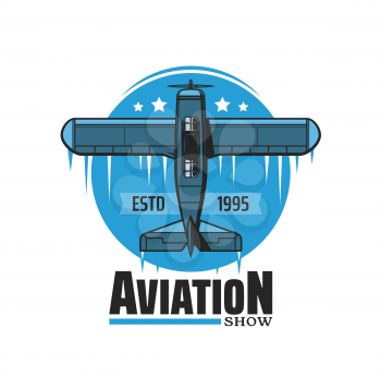 Aviation air show vector icon with vintage plane, airplane, propeller biplane or monoplane performing aerobatic maneuvers. Retro aircraft airshow or pilot flight competition blue badge design