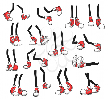 Isolated cartoon legs, comic foot in red sport shoes. Vector stick feet in sneakers walk, stand and jump, run, lying, fall down. Isolated leg, foot body parts front, side, rear view, limb in footwear