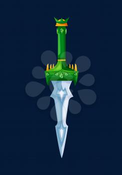 Magical cartoon steel dagger blade with green hilt. Fantasy sword, stiletto or knife decorated with precious ruby gems and dragon teeth, fairy warrior vector weapon. Game UI interface design element