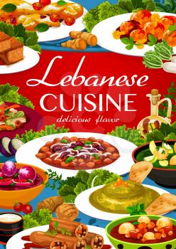 Lebanese cuisine menu cover with vector Arab food of vegetable soups, hummus, meat bean stew and cake. Lamb kofta meatballs, halloumi cheese and fattoush salad, stuffed zucchini and kubbeh dumplings