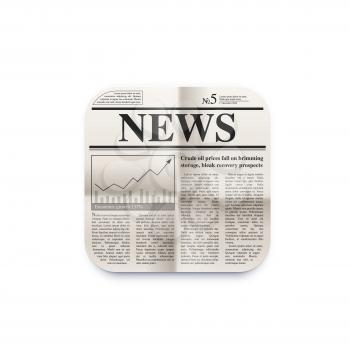 News and newspaper icon. Daily breaking news, financial information newsletter feed subscription, smartphone application 3d realistic vector icon with newspaper front page, headlines and infographics