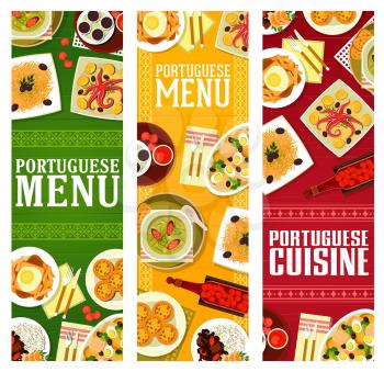 Portuguese cuisine menu vector banners of meat, seafood and vegetable dishes, desserts and cherry liqueur. Bean stew, salted fish, fries sandwich and kale soup, tart pasteis, chocolate mousse, octopus