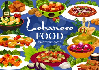 Lebanese food menu cover with Arab cuisine vector dishes. Hummus, vegetable dumpling soups and meat bean stew, lamb kofta meatballs, cake and fattoush salad, halloumi cheese and stuffed zucchini