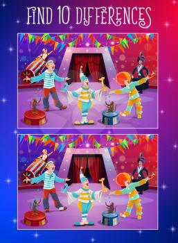 Find differences kids game with circus clowns on stage. Vector puzzle of brain training, memory and attention riddle, education worksheet template with chapiteau clowns, magician, monkey and rocketman