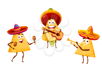 Mexican nachos chips as mariachi musicians in sombreros, vector Mexico fiesta cartoon food characters. Nachos chips in sombreros play music with maracas, guitar and trumpet, traditional Mexican party
