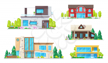 Residential houses, cottage, villas, mansion apartment and bungalow. Vector real estate building icons. Modern family cottage houses or villa apartments, urban property with trees, terraces and garage