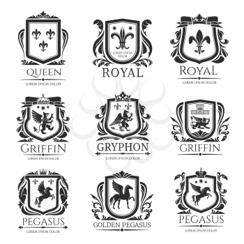 Heraldic shields, heraldry Medieval animals and royal floral emblems. Vector Pegasus horse, Griffin lion with eagle wings, imperial crown, floral wreath and fleur de lys coat of arms shield