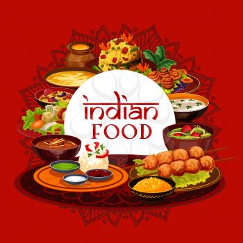 Indian traditional food, India authentic cuisine restaurant menu. Vector Indian meal dishes, vegetarian pulao and bananas in butter, murgs badams shorba soup, lemon with cashew and rice in mint sauce