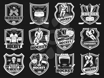 Ice hockey championship and sport club team emblems. Vector ice hockey player icons, stick and puck equipment store, goalkeeper and referee whistle, championship match cup