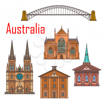 Australia architecture landmarks, Sydney famous historic buildings. Vector St Mary and James church, Saint Andrews cathedral, Australian Harbour bridge and Hyde park barracks