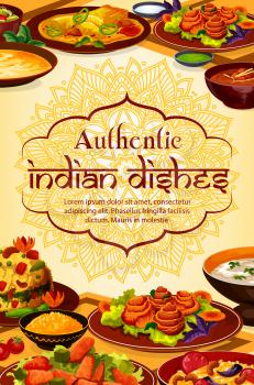 Indian cuisine food, authentic dishes and meals, India traditional restaurant menu. Vector Indian curry rice, tandoori food and masala spices, vegetarian vegetables, rice, meat and fish