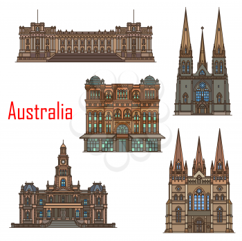 Australia architecture, cathedral buildings and Sydney famous landmarks. Vector St Patrick and Paul cathedral, Sydney town hall, Queen Victoria building and Melbourne parliament