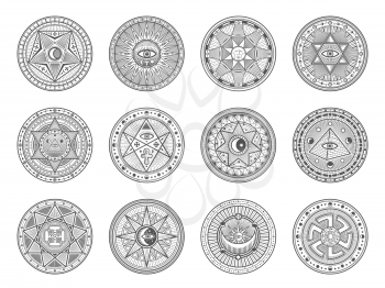 Occult, alchemy and astrology icons, occultism and sacred religion mystic symbols. Vector magic eye, masonry pyramid and hand, sun and moon in pentagram, sacred religion and palmistry esoteric signs