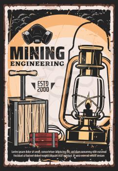 Mining, coal extraction and mine excavation engineering vintage retro poster. Vector mining industry professional equipment tools, cave dynamite, miner lantern gas lamp and respirator mask