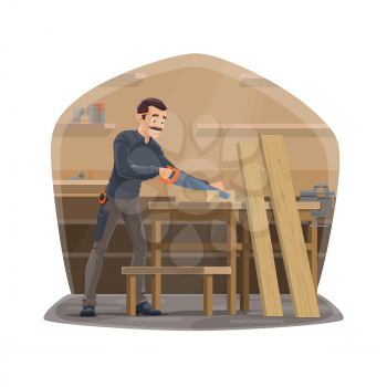 Carpenter profession, carpentry woodwork tools. Vector carpenter man in workshop standing and sawing wood and timber planks with saw, chisel plane, vise and ruler carpentry equipment at desk table