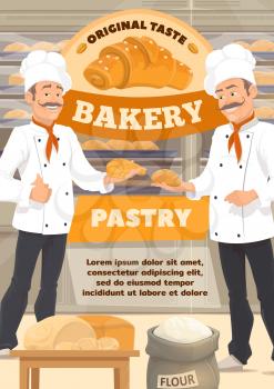 Bakery shop and baked bread, desserts and pastry sweet cookies. Vector baker man in chef hat at kitchen oven cooking patisserie cakes, croissants, wheat flour bag and rye dough
