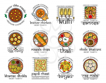 Indian restaurant menu icons, traditional India authentic cuisine food and cafe signs. Vector Indian meal vegetarian vegetables, desserts and curry rice, tandoori meat and fish, pastry and naan bread
