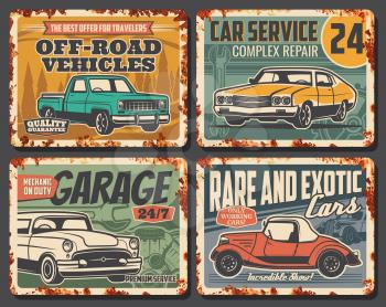 Car service, mechanic maintenance and automobile repair rusty metal plates. Vector old rare vintage cars service and rental, off-road vehicles diagnostics and auto transport repair garage station