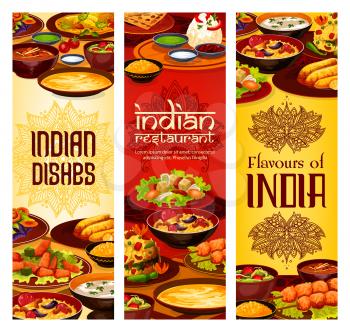 Indian restaurant menu covers, traditional India cuisine food dishes. Vector Indian meal vegetarian vegetables with curry rice, meat and fish skewers and tandoori, shorba soup and desserts