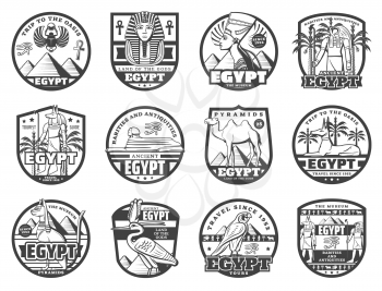 Egypt travel landmarks, ancient Egypt museum and rarity souvenirs shop signs. Vector tourism agency icons, Cairo pyramids and Sphinx, Tutankhamen pharaoh and Anubis god, scarab and Horus eye symbols